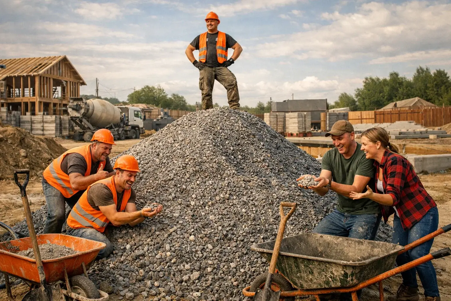 construction worker standing on large sand pile