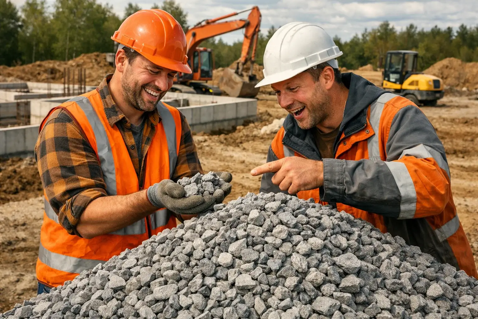 builders inspecting crushed stone pile at construction site
