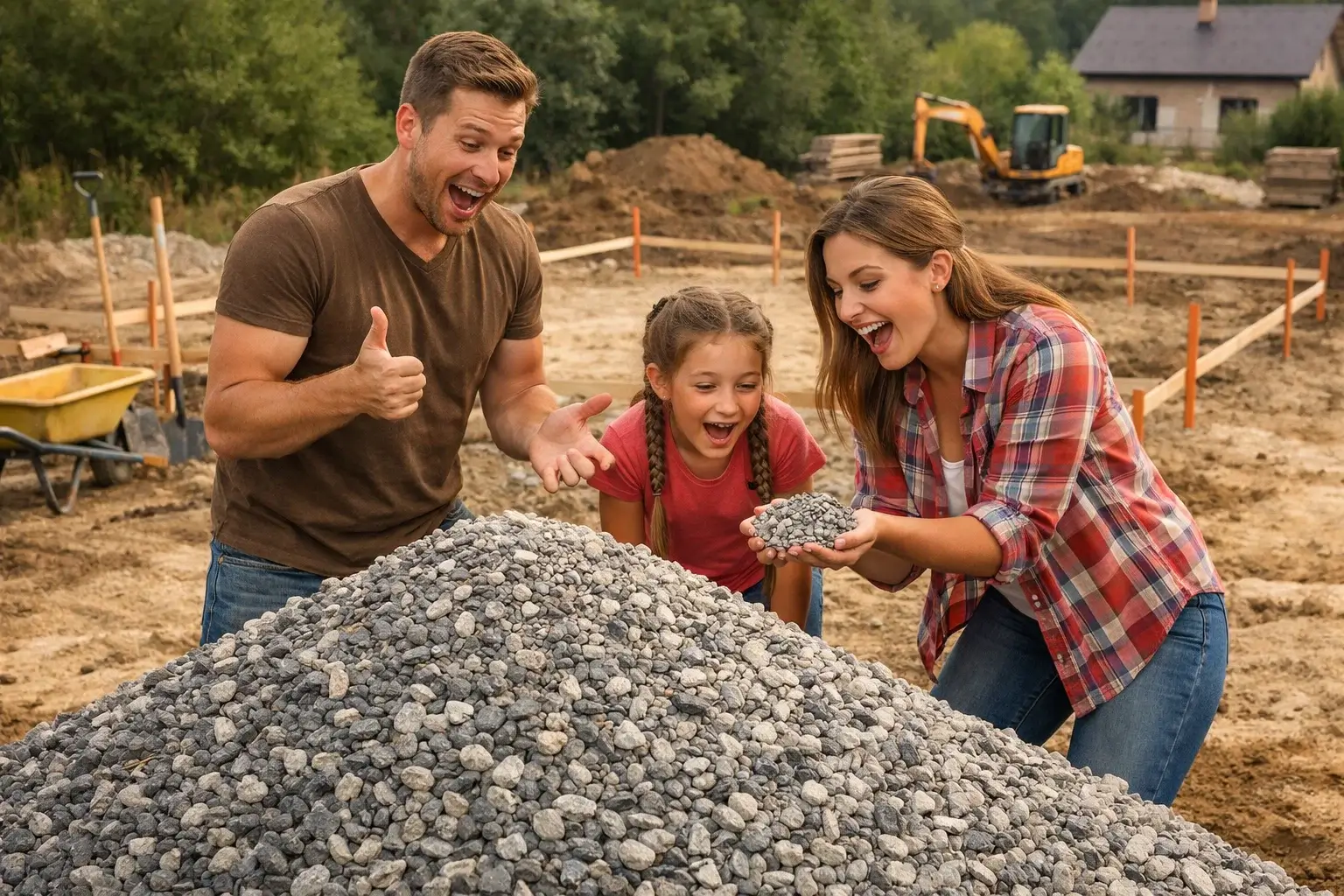 family looking at gravel pile for house construction