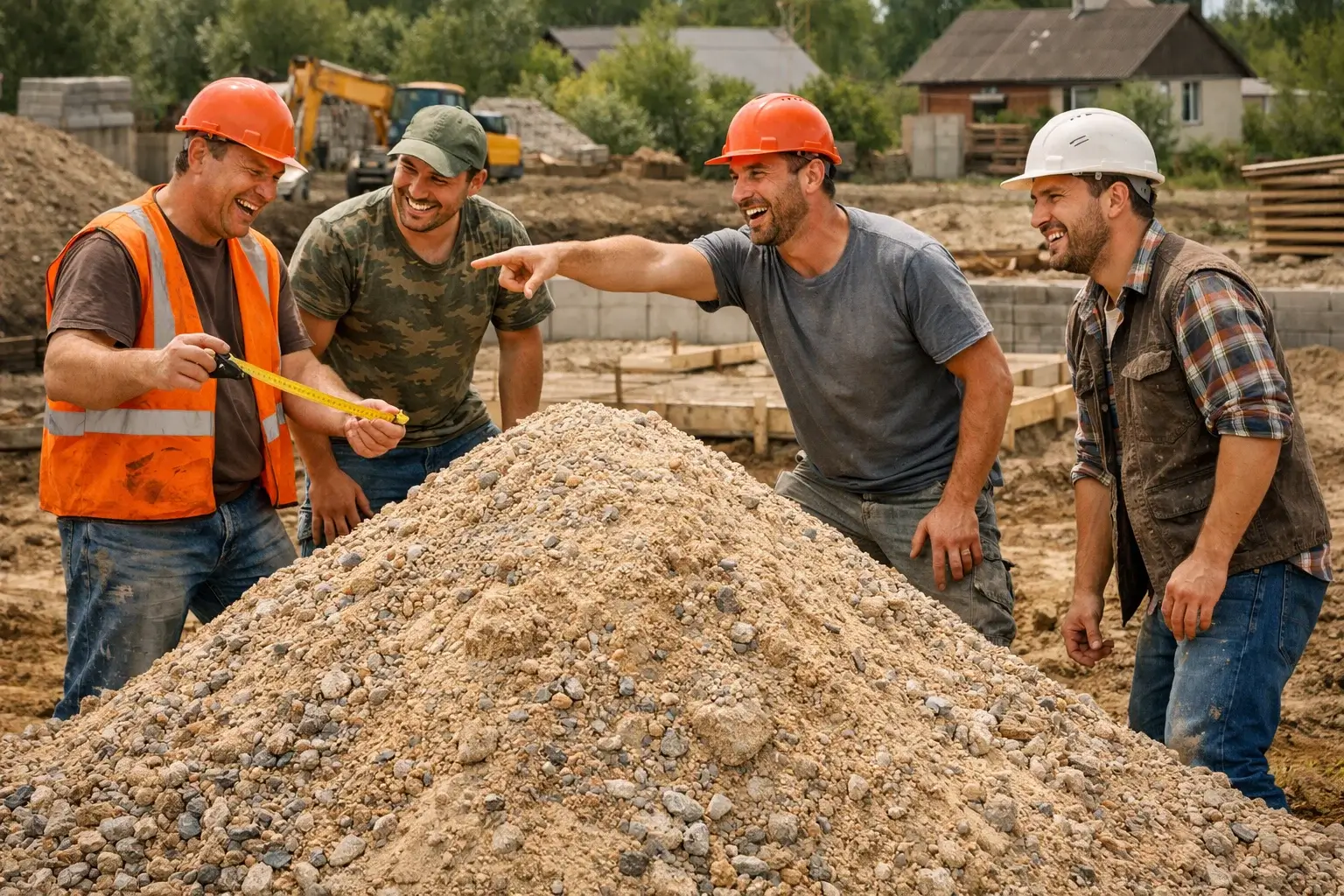 construction team discussing sand gravel mix pile