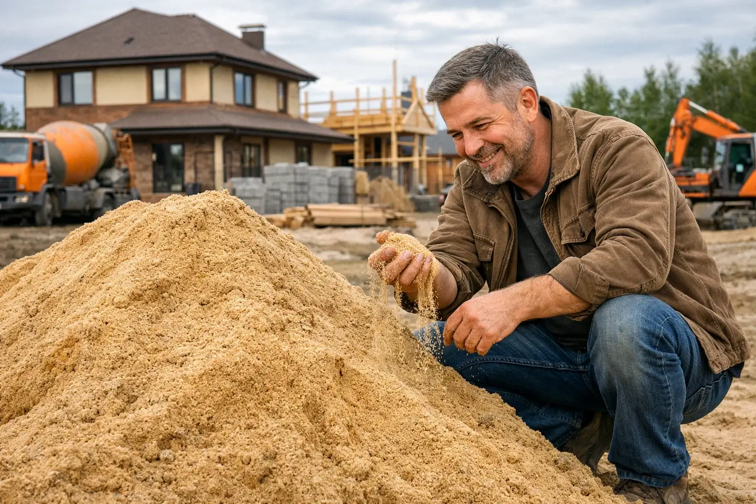 man checking quality of sand for building site