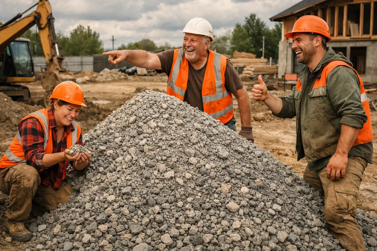 excavator unloading gravel pile on construction site