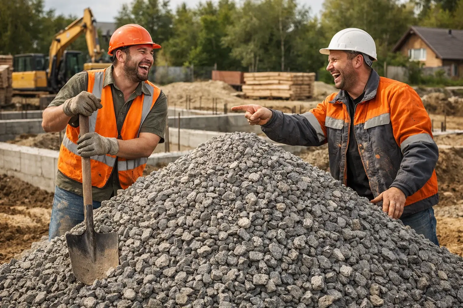 construction workers discussing crushed stone pile