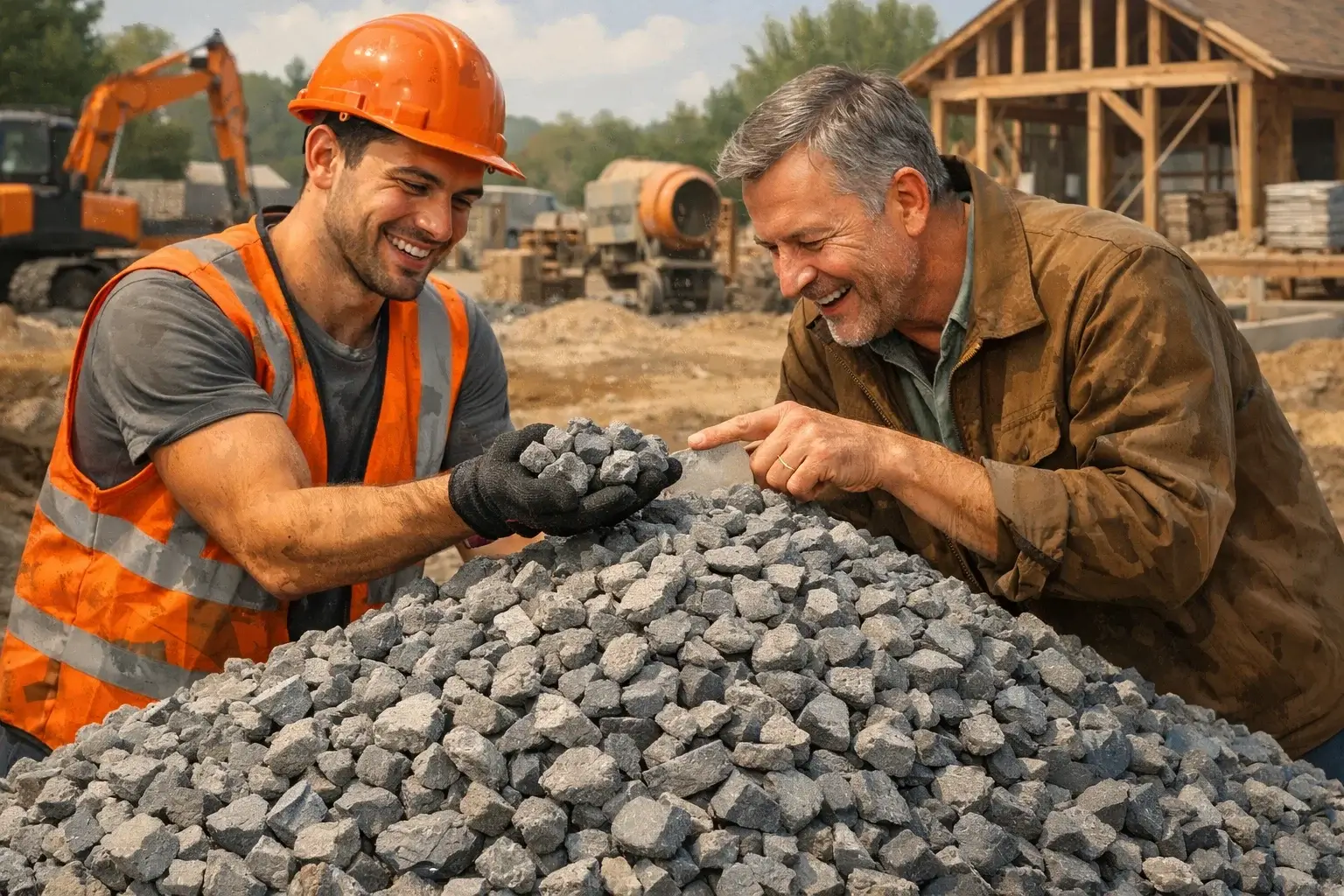 contractor showing crushed stone quality to client