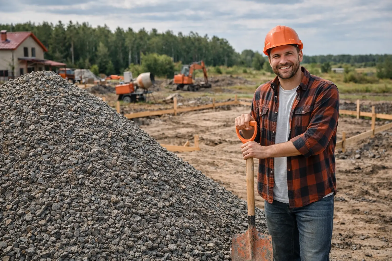 builder preparing gravel for construction base