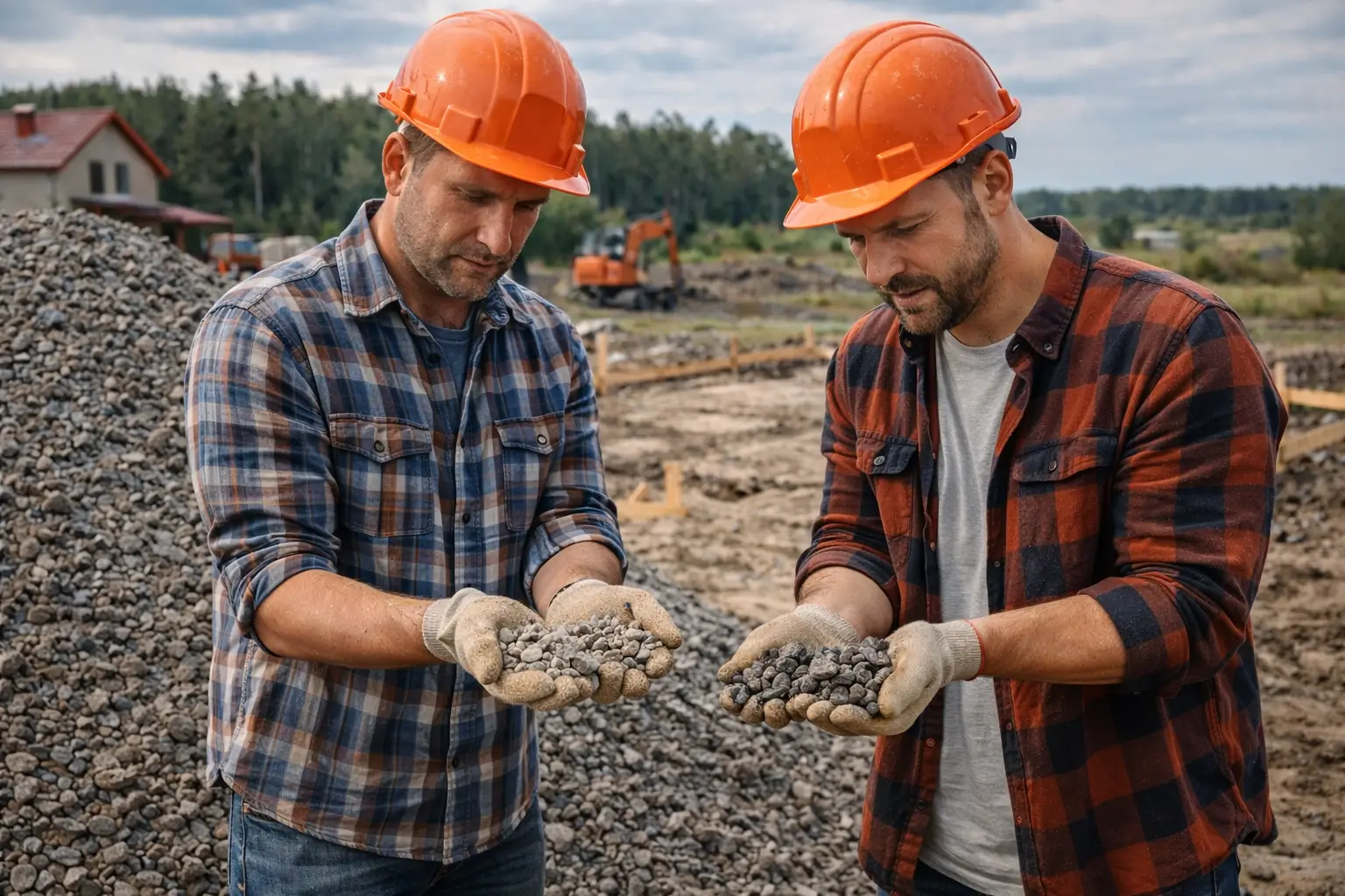 builders comparing gravel size on construction site
