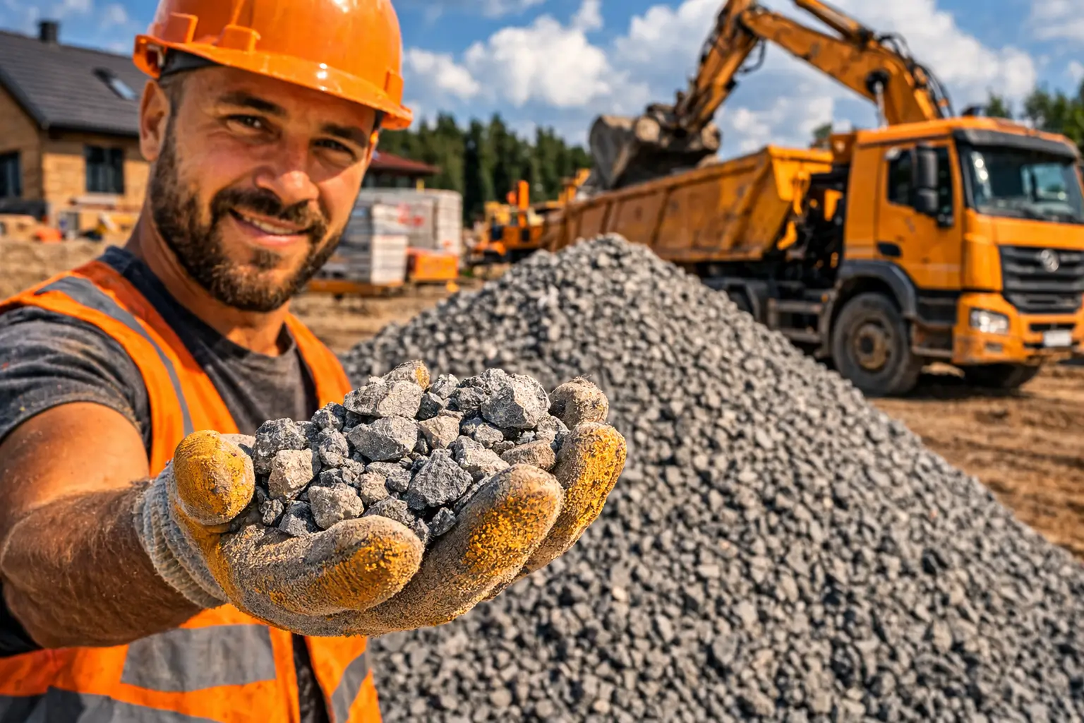 hand holding crushed stone on construction site