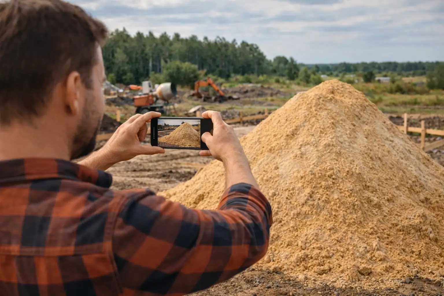 homeowner photographing sand delivery for construction