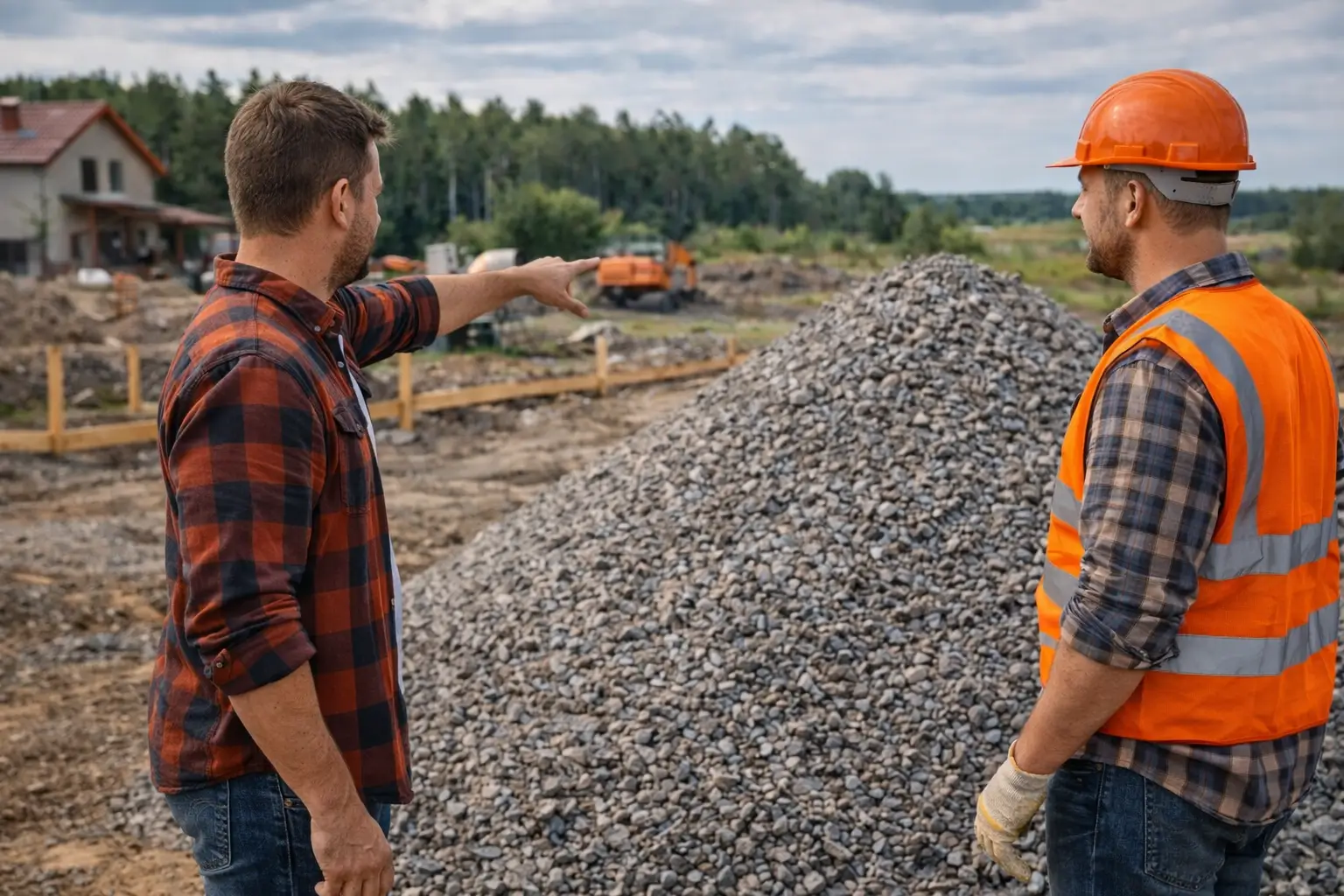 homeowner pointing at gravel pile for site leveling