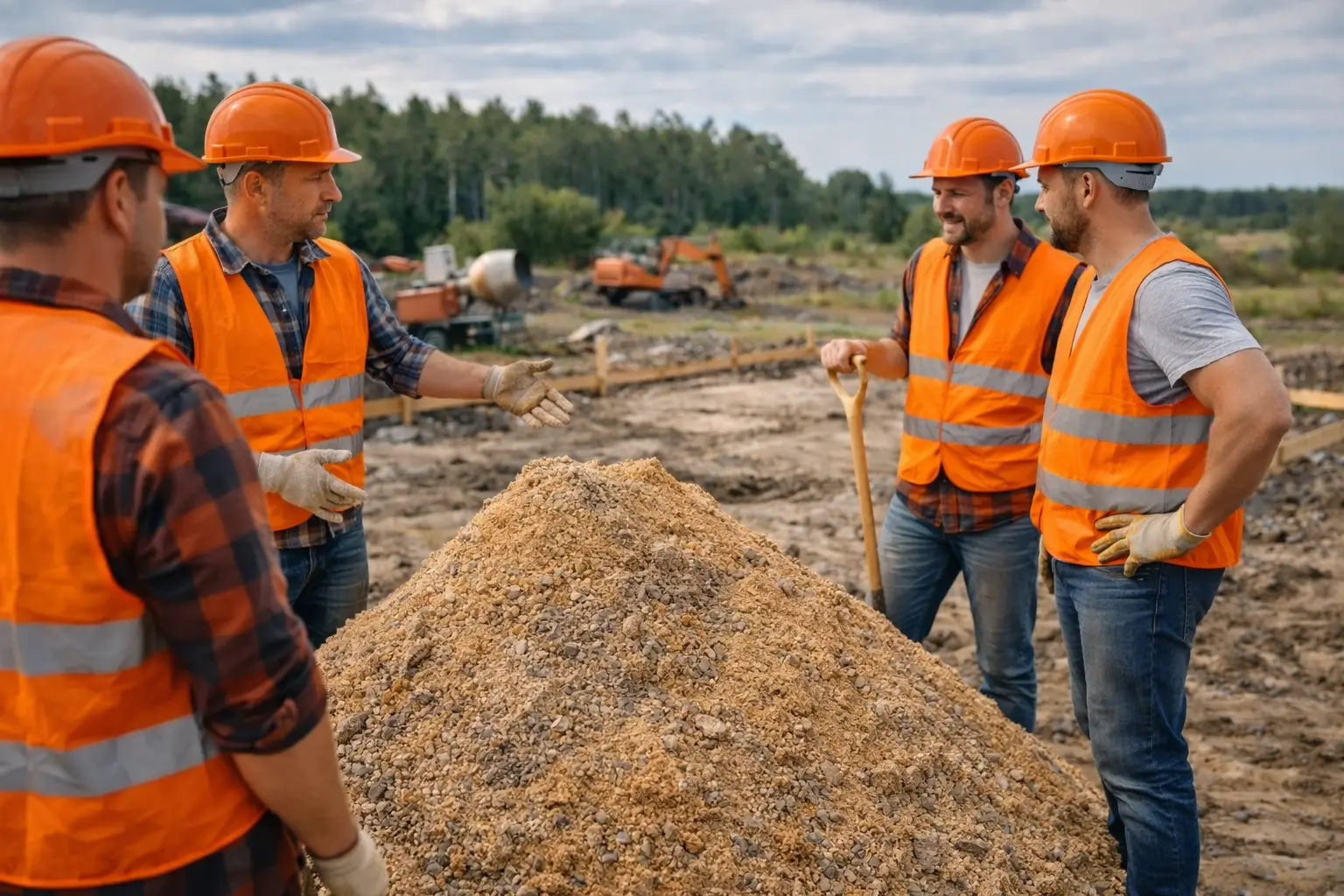 construction team around sand gravel mix pile