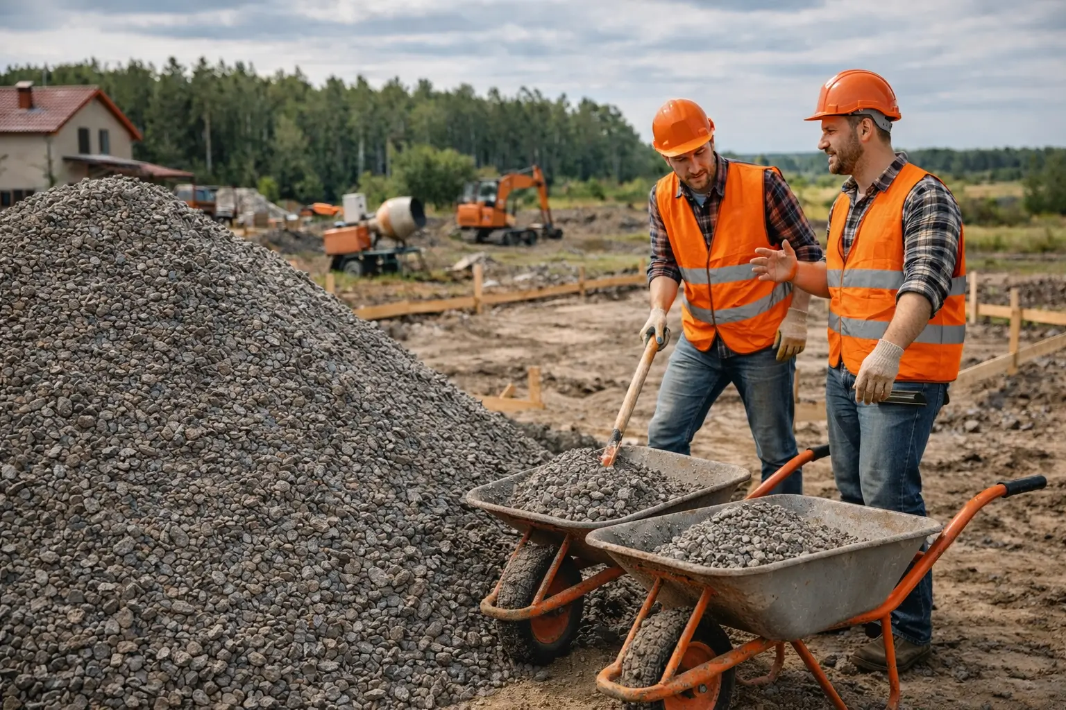 workers preparing wheelbarrows with crushed stone