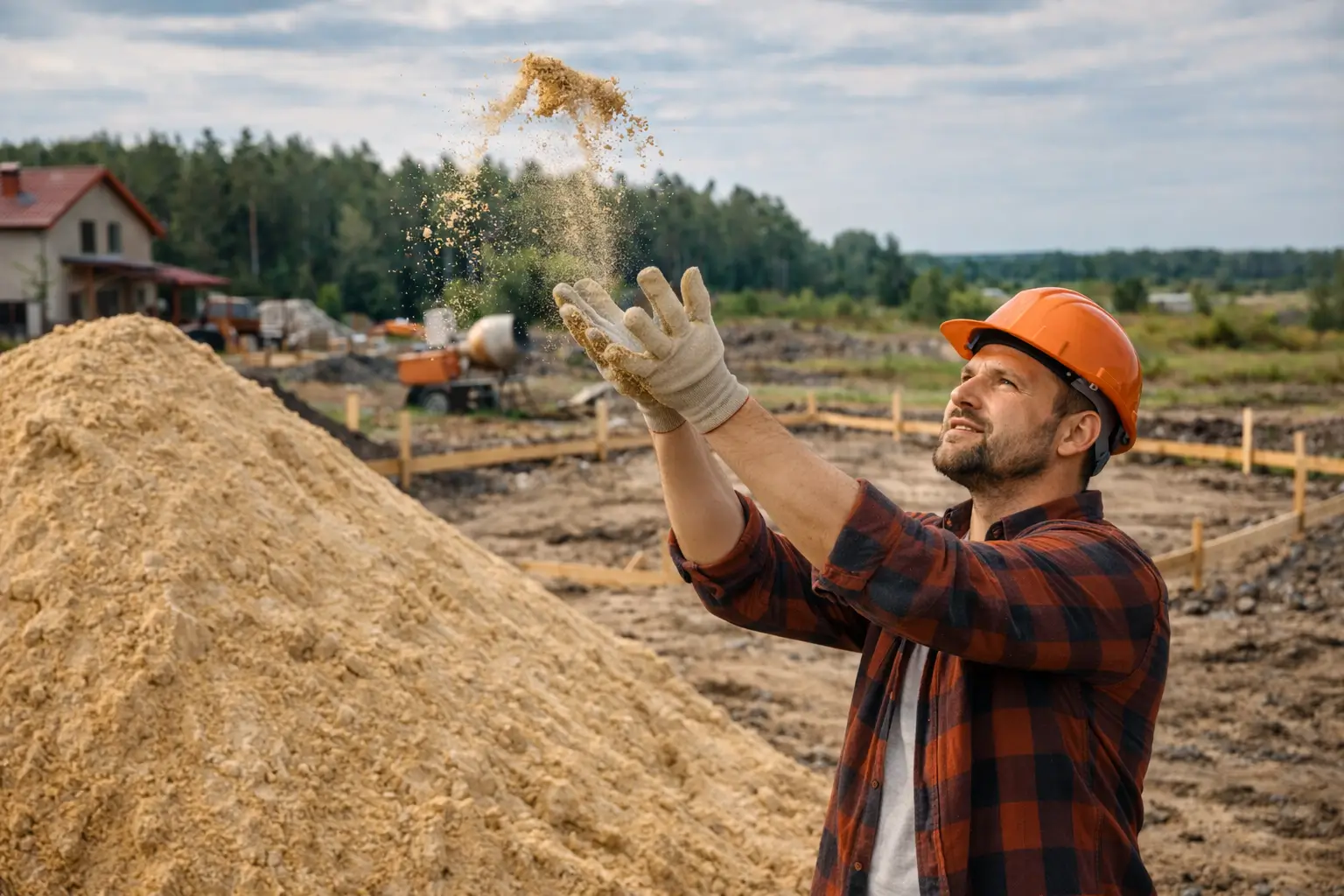 worker checking sand quality on construction site