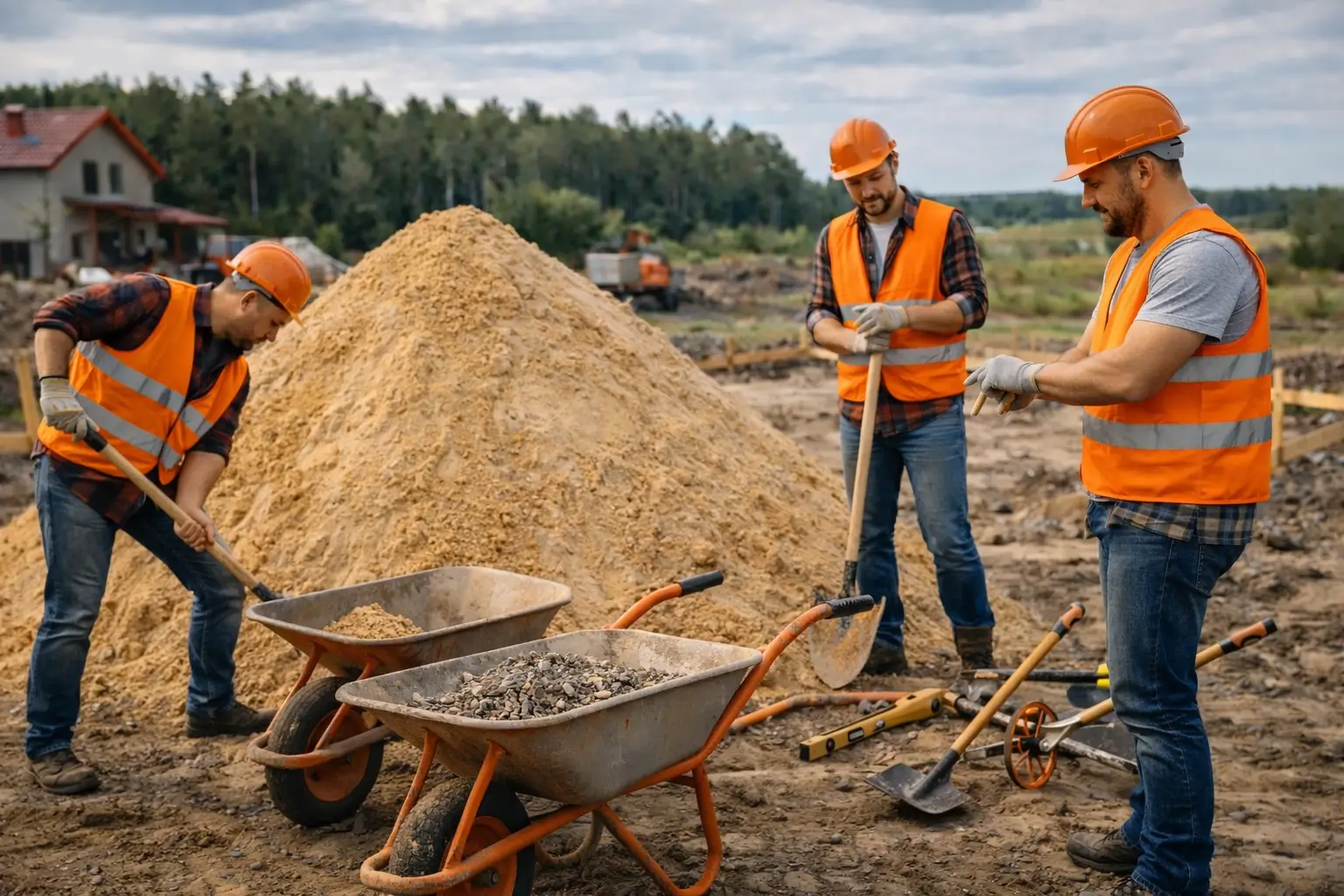 builders starting work with large sand pile